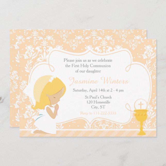 Blonde Girl First Communion Damask Invitation (Front/Back)