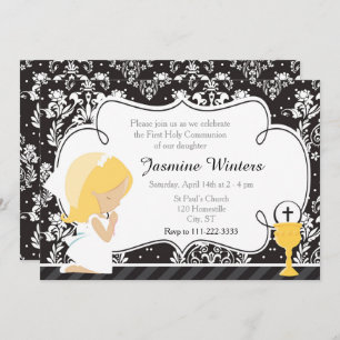 Blonde Girl First Communion Damask Invitation