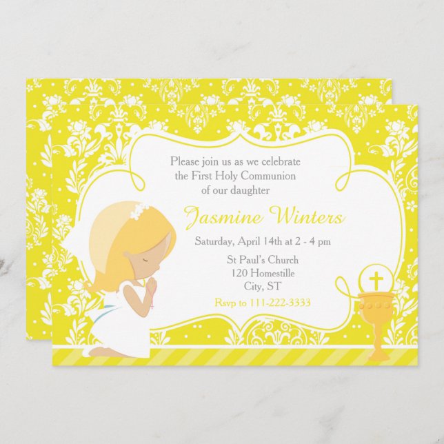 Blonde Girl First Communion Damask Invitation (Front/Back)