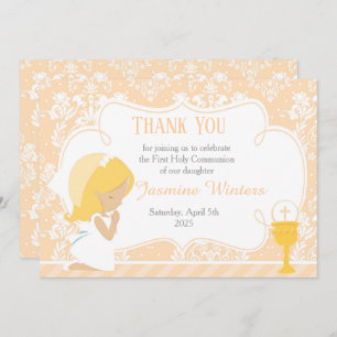 Blonde Girl First Communion Damask Thank You Card