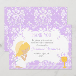 Blonde Girl First Communion Damask Thank You Card
