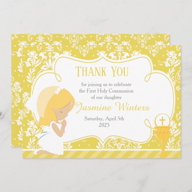 Blonde Girl First Communion Damask Thank You Card (Front/Back)
