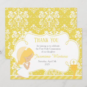 Blonde Girl First Communion Damask Thank You Card