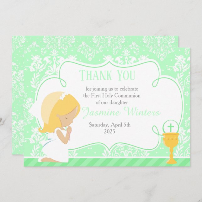 Blonde Girl First Communion Damask Thank You Card (Front/Back)