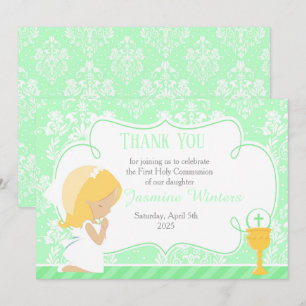 Blonde Girl First Communion Damask Thank You Card