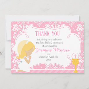 Blonde Girl First Communion Damask Thank You Card