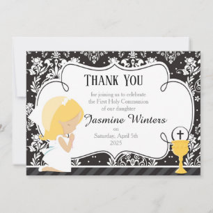 Blonde Girl First Communion Damask Thank You Card