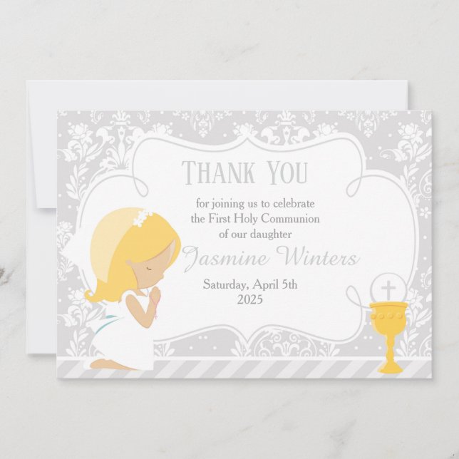 Blonde Girl First Communion Damask Thank You Card (Front)