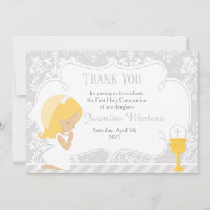 Blonde Girl First Communion Damask Thank You Card