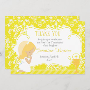 Blonde Girl First Communion Damask Thank You Card