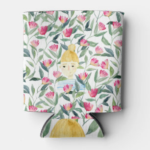 Blonde Girl: Floral Watercolor Pattern Can Cooler