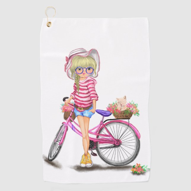 Blonde Girl Golf Towel with Pink Bike (Front)