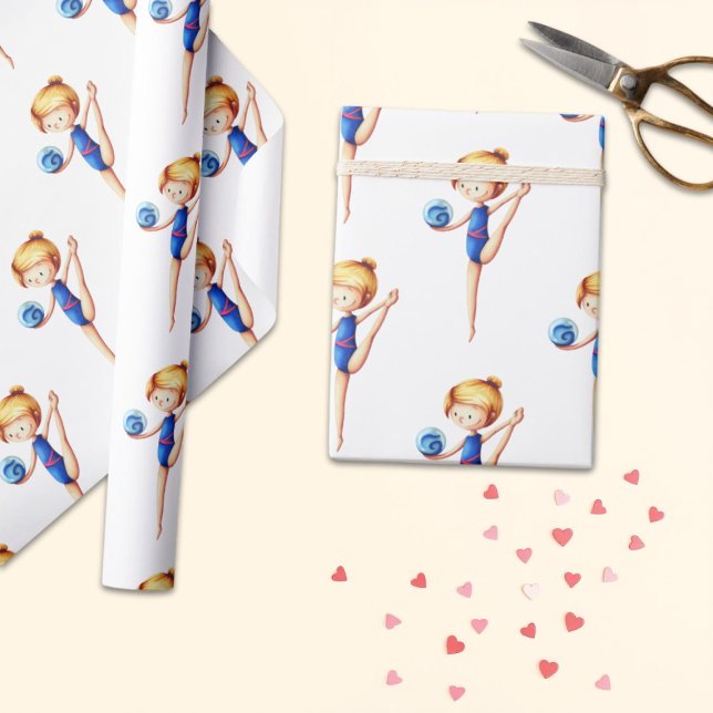 Blonde Girl Gymnastics Birthday Party Wrapping Paper (Creator Uploaded)