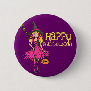 Blonde girl happy Halloween kids button badge