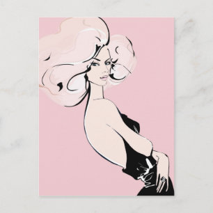 Blonde girl in black on pink postcard