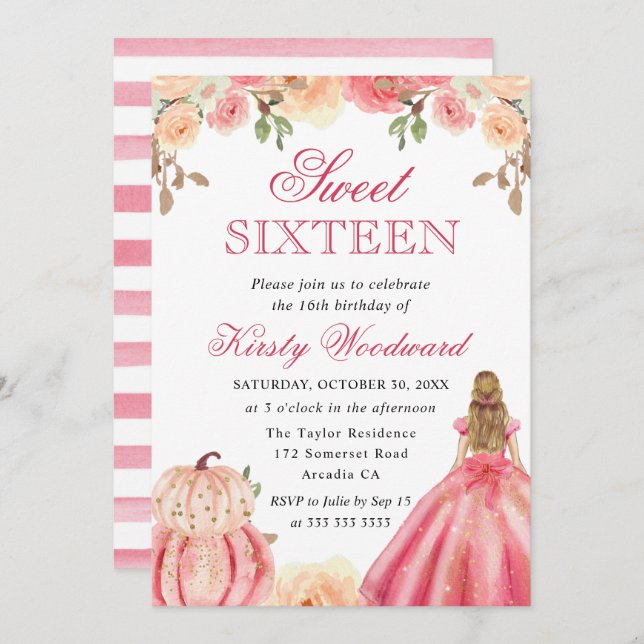 Blonde Girl in Pink Dress Floral Pumpkins Sweet 16 Invitation (Front/Back)
