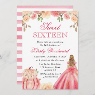 Blonde Girl in Pink Dress Floral Pumpkins Sweet 16 Invitation