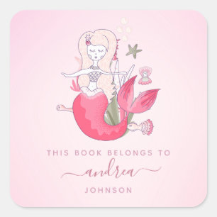 Blonde Girl Mermaid Starfish Kids Name Bookplate Square Sticker