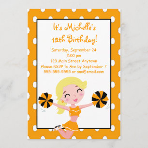 Blonde Girl Orange Black Cheerleader Invitations
