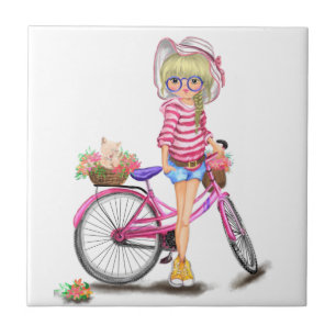 Blonde Girl Pink Bicycle Tile