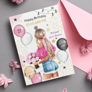Blonde Girl Pink Gold Balloons Happy Birthday Holiday Card