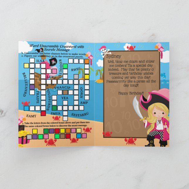 Blonde Girl Pirate Secret Message Happy Birthday Card (Inside)