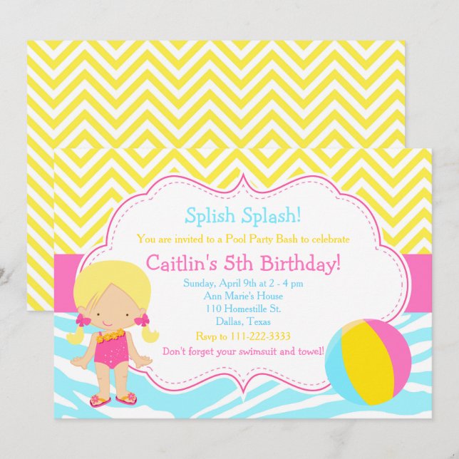 Blonde Girl Pool Party Bash Party Invitation (Front/Back)