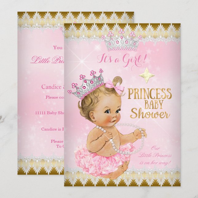 Blonde Girl Princess Baby Shower Pink Tutu Gold Invitation (Front/Back)