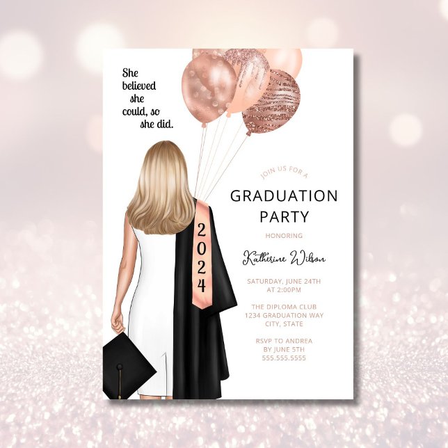 Blonde Girl She Believed Blush Graduation Party Invitation (Creator Uploaded)