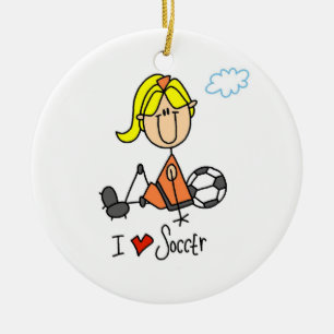 Blonde Girl Stick Figure I Love Soccer Gifts Ceramic Ornament