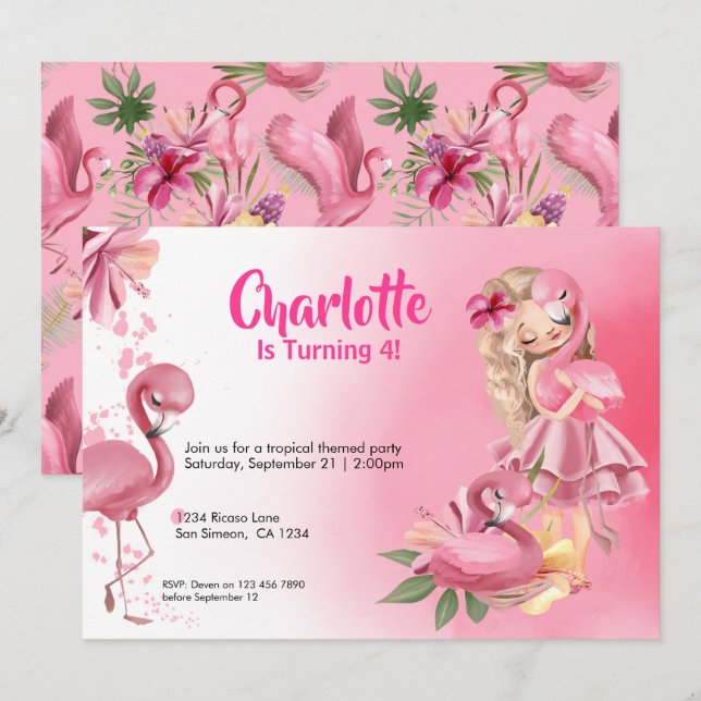 Blonde Girl Tropical Pink Flamingo Birthday Invitation (Front/Back)
