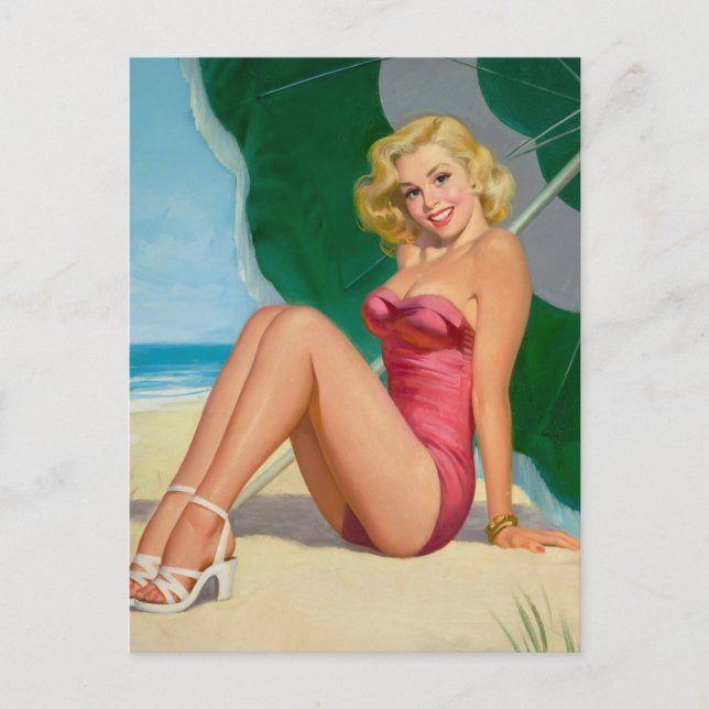 Blonde Girl Under Beach Umbrella Pin Up Postcard (Front)