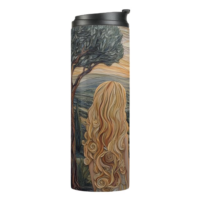 Blonde girl, walking mountains sunset with dog thermal tumbler (Rotated Left)