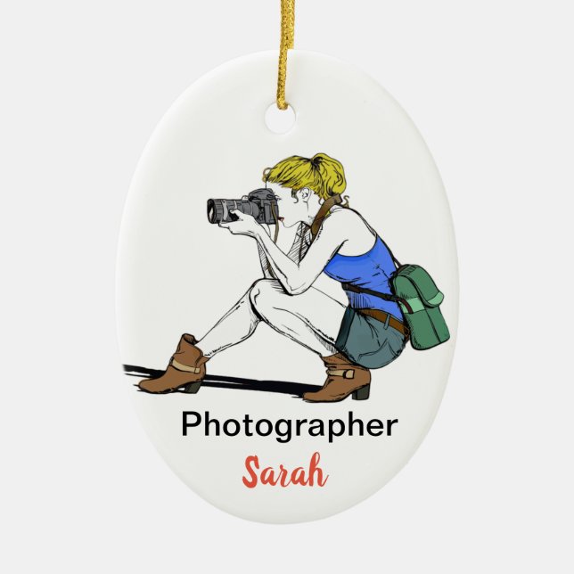 Blonde Girl with a Camera - Customisable Ceramic Ornament (Front)