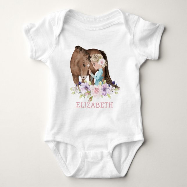 Blonde Girl with Brown Horse New  Baby Bodysuit (Front)