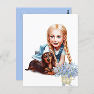 Blonde Girl with Dachshund Puppy  Postcard