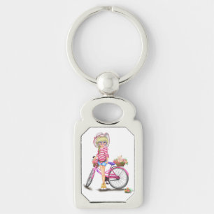 Blonde Girl with Pink Bike Keychain Gift