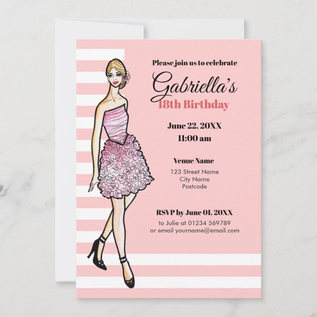 Blonde Girl with Pink Roses Cocktail Dress Invitation (Front)