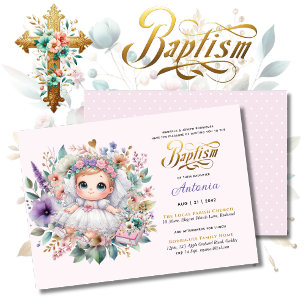 Blonde Girl's BAPTISM Purple Gold Floral Cross Invitation
