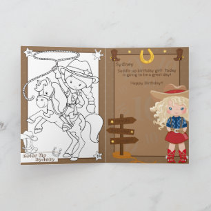 Blonde Girls Cowgirl Colouring Page Happy Birthday Card
