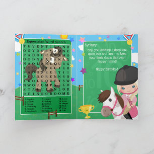Blonde Girls Equestrian Word Search Happy Birthday Card