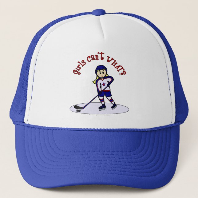 Blonde Girls Hockey Player Trucker Hat (Front)