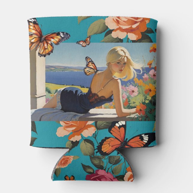 Blonde Girls Monarch Butterflies Floral Paradise Can Cooler (Back)
