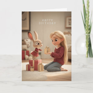 Blonde Giving Bunny in Red Dress Birthday Gift Card