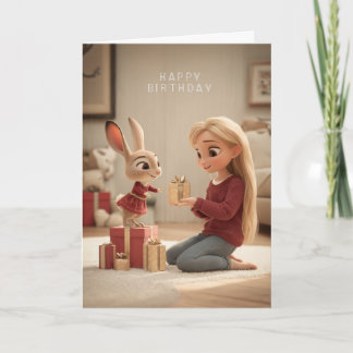 Blonde Giving Bunny in Red Dress Birthday Gift Card