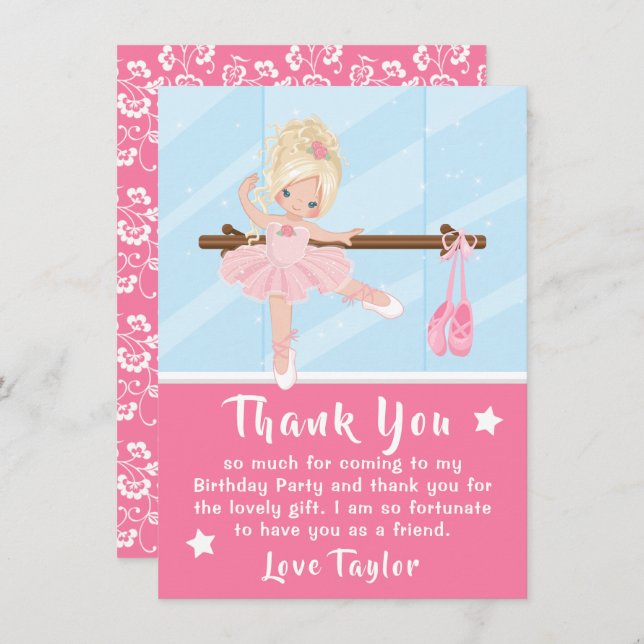 Blonde Hair Ballerina Pink Birthday Thank You Card (Front/Back)