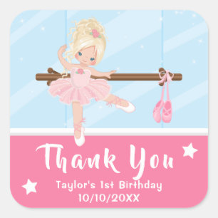Blonde Hair Ballerina Pink Birthday Thank You Squa Square Sticker