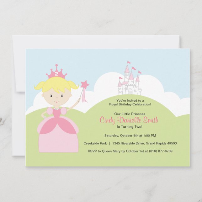 Blonde Hair Birthday Princess in Pink with Castle Invitation (Front)