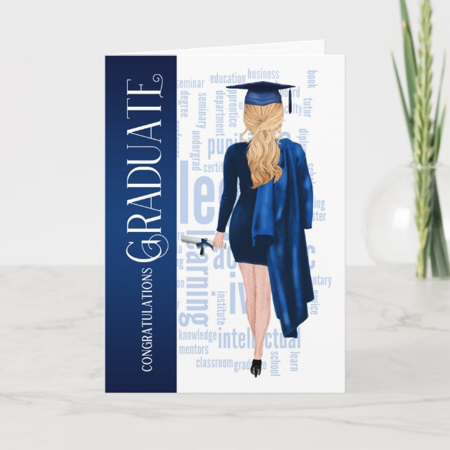 Blonde Hair Blue Cap and Gown Female Graduate Card (Front)