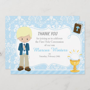 Blonde Hair Boy First Communion Damask Thank You Card
